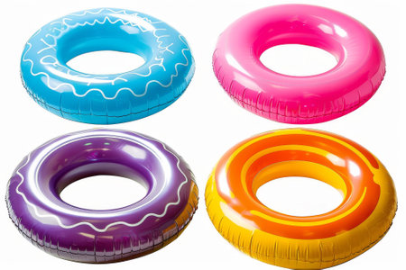 The white background is dotted with bright inflatable rings