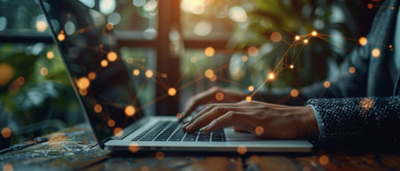 In this picture, a business man works on a blank screen laptop computer on a wooden desk as a...