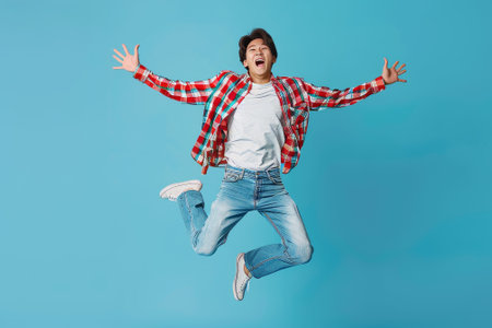 Beautiful Asian tourist man jumping out of a studio on a light blue background.の写真素材