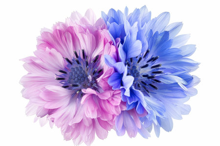 Pink and purple cornflower flowers isolated on whiteの写真素材