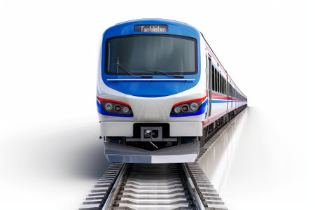 White background shows commuter train.