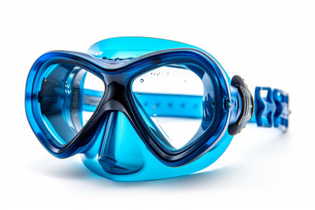 An isolated blue diving mask and snorkel is shown on a white background.の写真素材