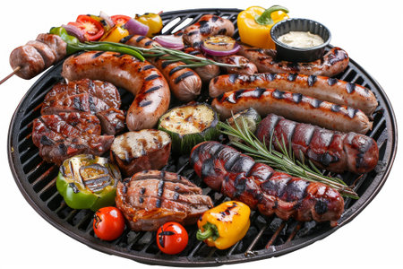 A barbecue grilled with meats and bratwursts and vegetables