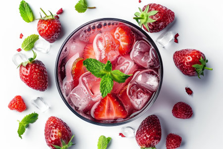 Isolated white background with a top view of a strawberry cocktailの写真素材