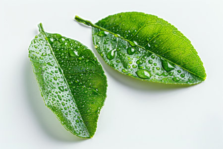 Drops of citrus juice on white citrus leavesの写真素材