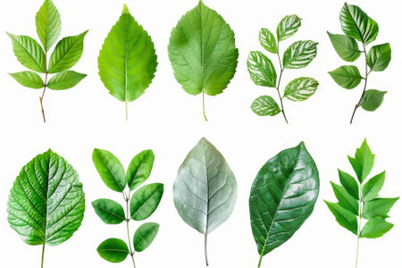 The beautiful green leaves are isolated on a white background in this collageの写真素材