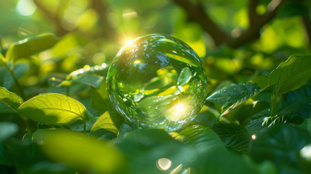 A green forest with sunlight and a globe glass is the concept of the environmentの写真素材