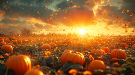 A group of pumpkins in a field at sunsetの写真素材