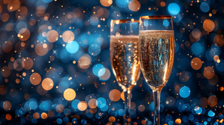 An elegant champagne toast with golden glitter and defocused bokeh lights on a blue abstract backgroundの写真素材