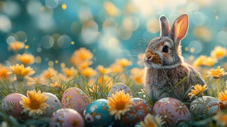 In a flowery field with a bunny behind grass and decorated eggs, an abstract defocused Easter scene...