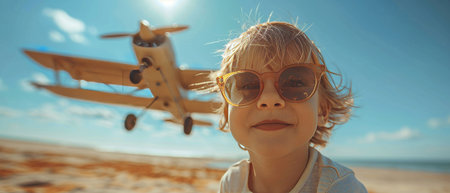 Toy airplane in the background of a blue summer sky as a happy kid plays with it.