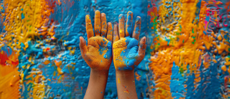 Human hands painted in colorful paint with smilesの写真素材