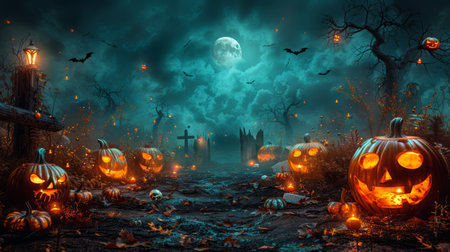 The Halloween Party Card shows pumpkins and skeletons in the graveyard at night with a wooden board.の写真素材