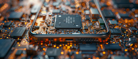 A disassembled cell phone is repaired. The smartphone contains electronic components, a mobile processor on a PCB board, a case, a screen, electronic parts hovering above the device, and deviceの写真素材