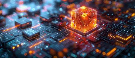 A bitcoin network abstract illustration representing blockchain technology as a digital cube...