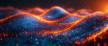 Grid surface consisting of glowing dots and particles. A wave grid abstract diagram depicts flow...