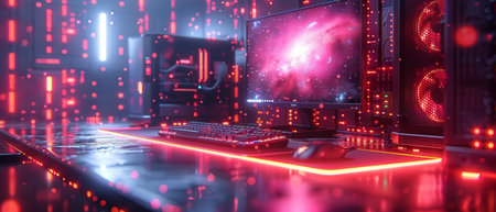 A gaming computer glowing in the dark. An isometric illustration of modern computer parts, such as...