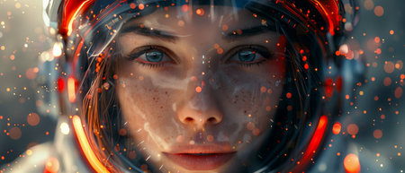A robot woman with AI flying in cyberspace world of metaverse. A cybernetic, abstract conceptual...