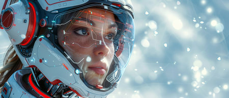 Beautiful robot woman with AI floats in zero gravity in virtual cyberspace among data charts and...