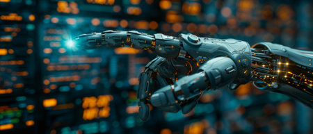 In security trading stock exchange market, AI helps traders analyze data. AI chatbot trades on forex. A robot handles stock market automation. A robot points financial business charts.の写真素材