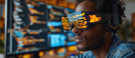 The computer coder in the headset codes the virtual program text in a 3D virtual environment. The...