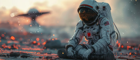 An astronaut in a futuristic spacesuit is sat in a futuristic spaceship, looking out at the stars, while a flying saucer touches down on the runway of a space station.の写真素材