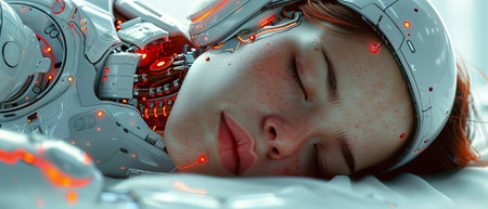 Cyberspace woman curls up and sleeps. Humanoid anthropomorphic female robot with connection cables and data signals. AI concept illustration. Artificial intelligence.の写真素材