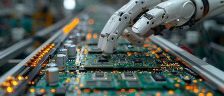 On an assembly line, an industrial robot manipulator places electronic components on electronic circuit boards. The robots hand holds the chip above the PCB. This is an AI-powered robotics factoryの写真素材