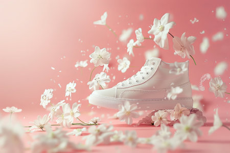 Stylish shoe in summer with a white flower hanging from its sole levitating above a pink backgroundの写真素材