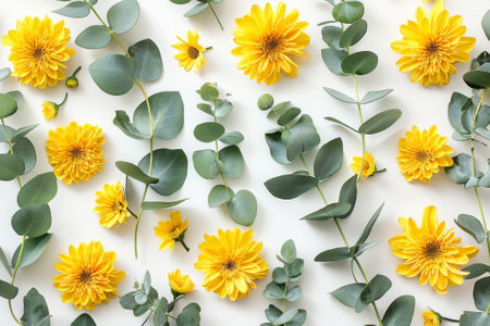 Yellow flowers and eucalyptus leaves on white background. Flat lay, top view.の写真素材