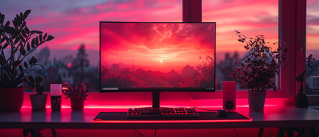 Dark powerful gaming desk computer with an empty monitor and keyboard. Neon light of gaming PC....