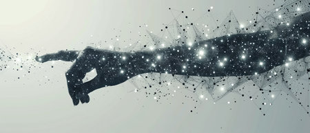 An abstract mash line and point hand holding a pin on a white background with a starry sky and the universe in the background. A business illustration depicting the stars and the universe.の写真素材