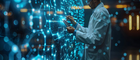 The geometric abstract image shows an engineer holding a tablet, and controlling an arm and tool...