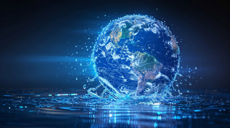 Isolated illustration of earth globe within a drop of water. World water day. Low poly style design with geometric background and wireframe light connection structure. Modern graphic concept.の写真素材