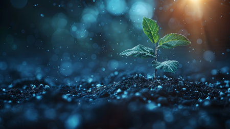A growing plant in soil with planet Earth. Blue geometric background. Wireframe lighting connection...