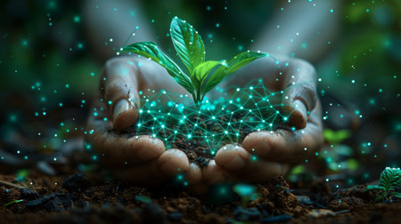 A pair of abstract hands holds a young green plant in a pot. Seedling design. Blue 3D graphic geometric background. Wireframe light connection structure. illustration.の写真素材