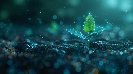 A growing plant sprout on an abstract blue geometric background. A wireframe light connection structure. Modern 3D graphics. illustration. Low poly style.の写真素材