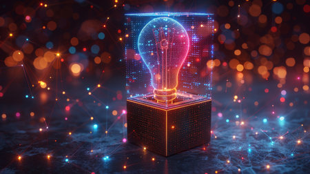 Abstract open box with light bulb. Geometric background. Wireframe light connection structure....
