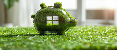 The grass grows inside a transparent piggy bank shaped like a house in order to save for a house purchase or home savingsの写真素材