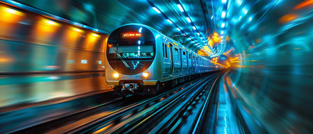 Train moving through future rail tunnel bridge with blurred motion showing rapid movement over green...
