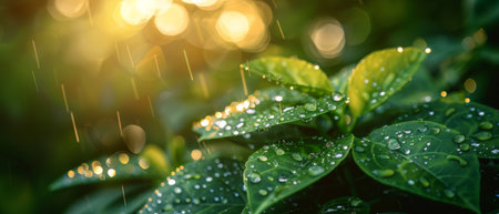 Garden with fresh water drops in rainy countryside on a rainy morning. Eco-friendly lifestyle for a better tomorrow.の写真素材