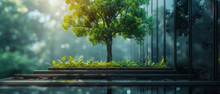 An eco-friendly building with a vertical garden in a modern city. Green tree forest on a glass...