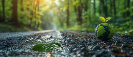 A green car on a forest road with a planet earth, an eco-friendly car with nature, an electric car generating energy for the environment, an electric car with black color and green color, and anの写真素材