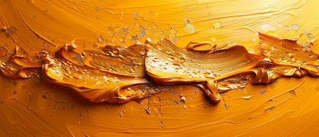 Artistic background with golden texture. Freehand oil painting on canvas. Brush strokes of paint....