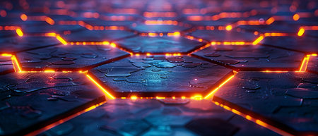 A futuristic sci-fi game with hexagonal pathways, neon lights, and neon blue and orange colors and...