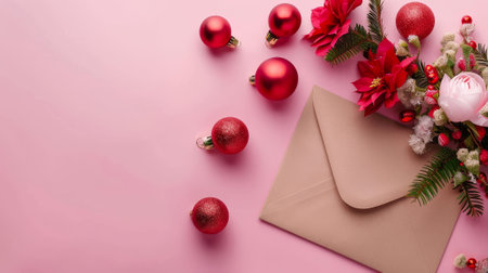 Christmas gifts concept with flowers, envelopes, and red ornaments on pink background.の写真素材