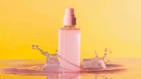 An image of a moisturizing serum for the skin stands in pink-yellow water.の写真素材