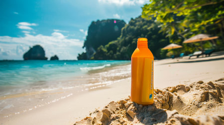 An Asian beach with a sunscreen bottle in the backgroundの写真素材