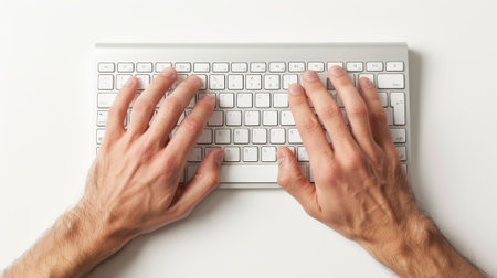 The hand of a person typing on a computer keyboard is viewed from aboveの写真素材