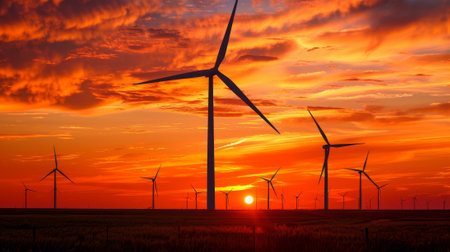 At sunset, wind turbines farm